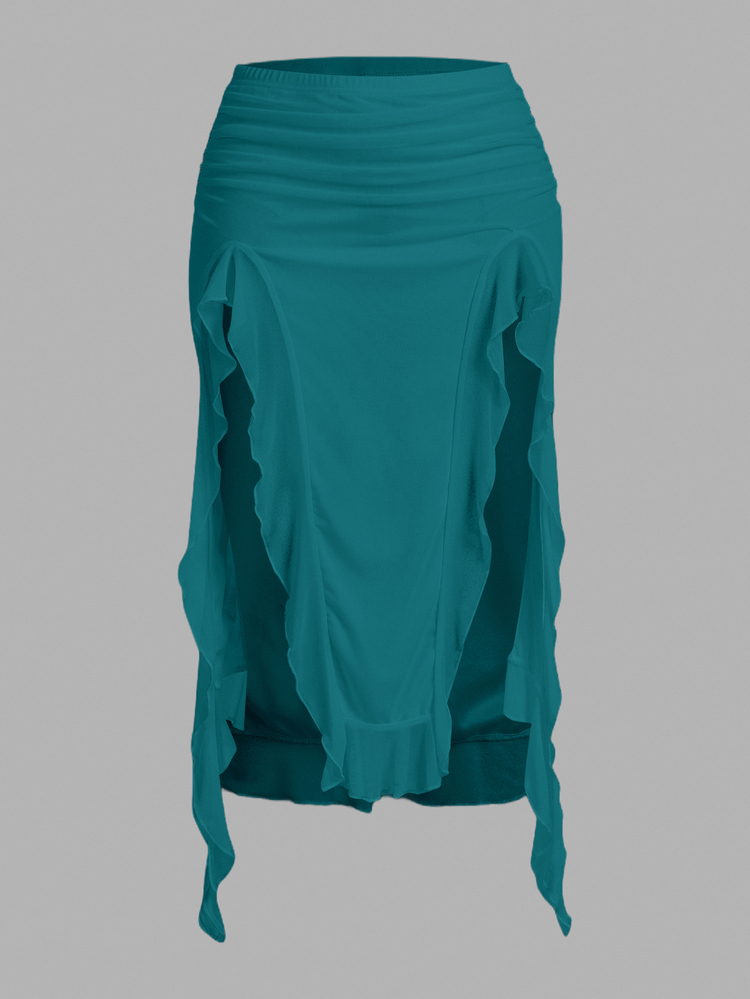 SHEIN ICON Falda A-line de moda con cintura baja, plisada, de parches, con volantes y abertura en el bajo - Agua verde azul - Añade 5