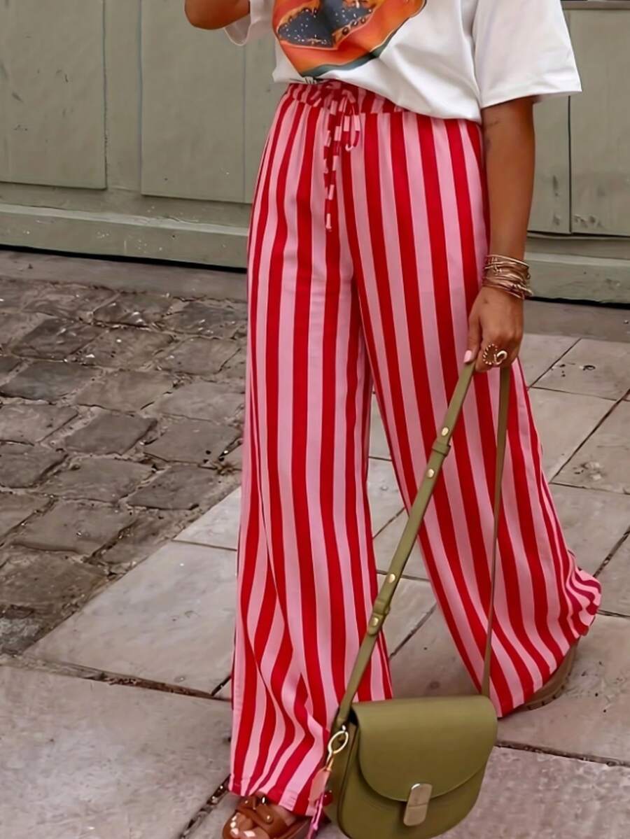 SHEIN Tween Girl Knit Light Kids Gray Loose Casual Versatile Drawstring Pocket Wide Leg Sweatpants - Red and White - View 1