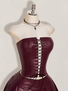 SHEIN ICON Y2K 性感女款酒紅色哥德風萬聖節夜店舞廳 Gyaru 純色 PU 皮革打孔繫帶抹胸上衣與百褶迷你裙 秋季 - 酒紅色 - 查看 8