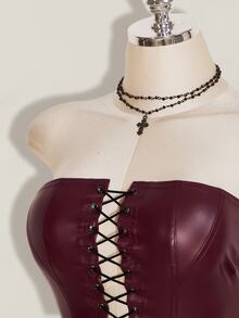 SHEIN ICON Y2K 性感女款酒紅色哥德風萬聖節夜店舞廳 Gyaru 純色 PU 皮革打孔繫帶抹胸上衣與百褶迷你裙 秋季 - 酒紅色 - 查看 6
