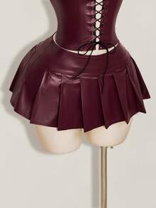 SHEIN ICON Y2K 性感女款酒紅色哥德風萬聖節夜店舞廳 Gyaru 純色 PU 皮革打孔繫帶抹胸上衣與百褶迷你裙 秋季 - 酒紅色 - 查看 9
