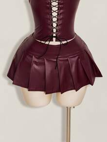 SHEIN ICON Y2K 性感女款酒紅色哥德風萬聖節夜店舞廳 Gyaru 純色 PU 皮革打孔繫帶抹胸上衣與百褶迷你裙 秋季 - 酒紅色 - 查看 4