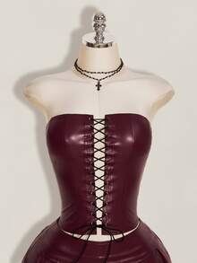 SHEIN ICON Y2K 性感女款酒紅色哥德風萬聖節夜店舞廳 Gyaru 純色 PU 皮革打孔繫帶抹胸上衣與百褶迷你裙 秋季 - 酒紅色 - 查看 3