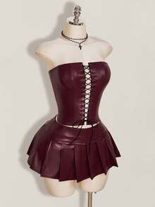 SHEIN ICON Y2K 性感女款酒紅色哥德風萬聖節夜店舞廳 Gyaru 純色 PU 皮革打孔繫帶抹胸上衣與百褶迷你裙 秋季 - 酒紅色 - 查看 7