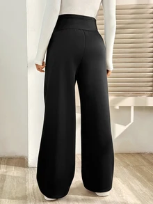 SHEIN بنطلون طويل واسع الساق مبطن حراري قابل للتعديل عند الخصر بلون موحد للحوامل للشتاء - الأسود - مشاهدة 2