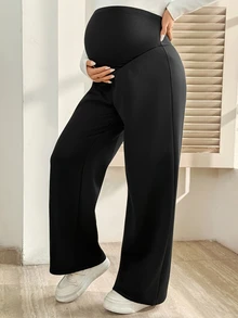 SHEIN بنطلون طويل واسع الساق مبطن حراري قابل للتعديل عند الخصر بلون موحد للحوامل للشتاء - الأسود - مشاهدة 4
