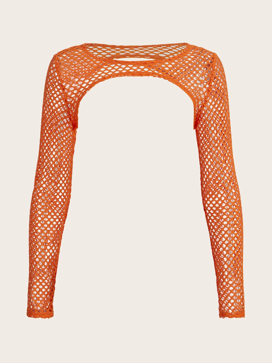 SHEIN ICON Solid Super Crop Mesh Top Without Tube Top - Orange - View 1