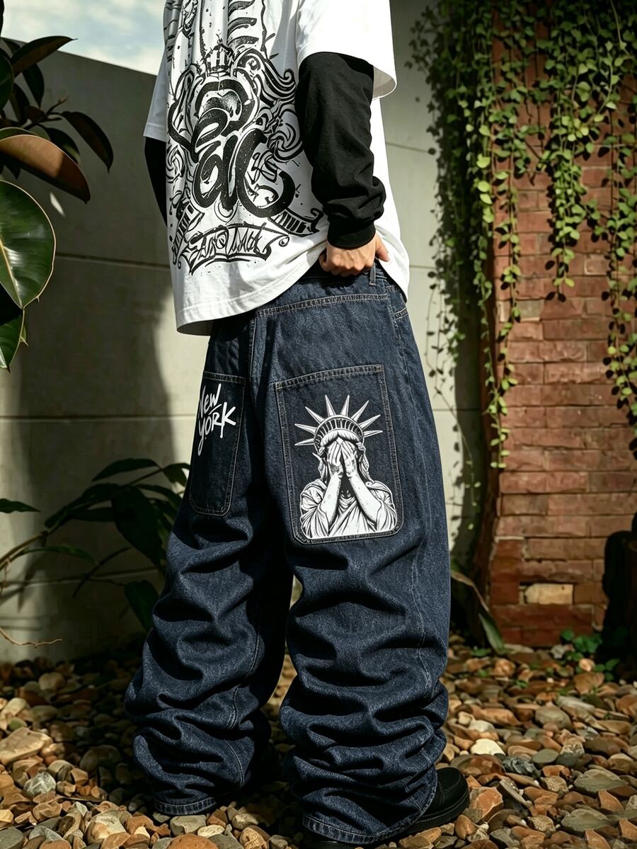 Manfinity Roghcode Celana Jeans Pria Gaya Retro Biru Tua dengan Kantong Ekstra Besar, Motif Jalanan, Longgar, Kaki Lebar, Gaya Hip Hop, Celana Denim Longgar