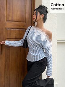Siren Gaze 女款秋季優雅法式海岸風蕾絲拼接條紋不對稱領上衣，適合早午餐、茶會、約會，藍白條紋 - 藍白色 - 查看 6