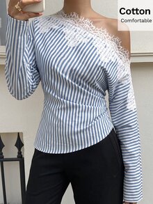 Siren Gaze 女款秋季優雅法式海岸風蕾絲拼接條紋不對稱領上衣，適合早午餐、茶會、約會，藍白條紋 - 藍白色 - 查看 5
