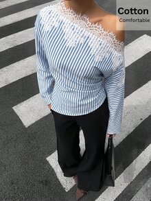 Siren Gaze 女款秋季優雅法式海岸風蕾絲拼接條紋不對稱領上衣，適合早午餐、茶會、約會，藍白條紋 - 藍白色 - 查看 3
