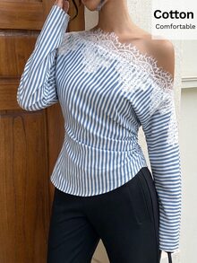 Siren Gaze 女款秋季優雅法式海岸風蕾絲拼接條紋不對稱領上衣，適合早午餐、茶會、約會，藍白條紋 - 藍白色 - 查看 4