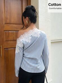 Siren Gaze 女款秋季優雅法式海岸風蕾絲拼接條紋不對稱領上衣，適合早午餐、茶會、約會，藍白條紋 - 藍白色 - 查看 2