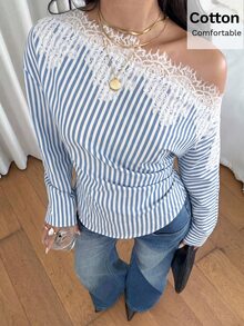 Siren Gaze 女款秋季優雅法式海岸風蕾絲拼接條紋不對稱領上衣，適合早午餐、茶會、約會，藍白條紋 - 藍白色 - 查看 8