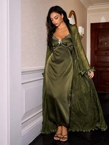 Slumberist Mature Sexy Cross Back Lace Faux Silk Satin Handmade Waist-Tie Women's Nightgown & Robe 2 Pieces Set - Army Green - View 1