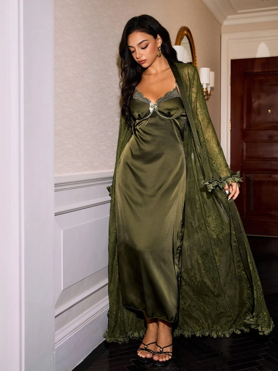 Slumberist Mature Sexy Cross Back Lace Faux Silk Satin Handmade Waist-Tie Women's Nightgown & Robe 2 Pieces Set - Army Green - View 1