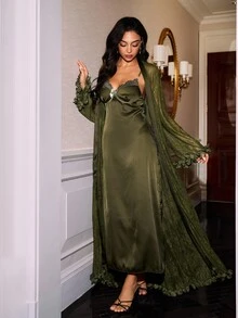 Slumberist Mature Sexy Cross Back Lace Faux Silk Satin Handmade Waist-Tie Women's Nightgown & Robe 2 Pieces Set - Army Green - View 7