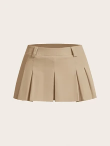 SHEIN ICON Khaki Mini Skort With Pleated Design And Zipper For Casual Wear - Khaki - View 3