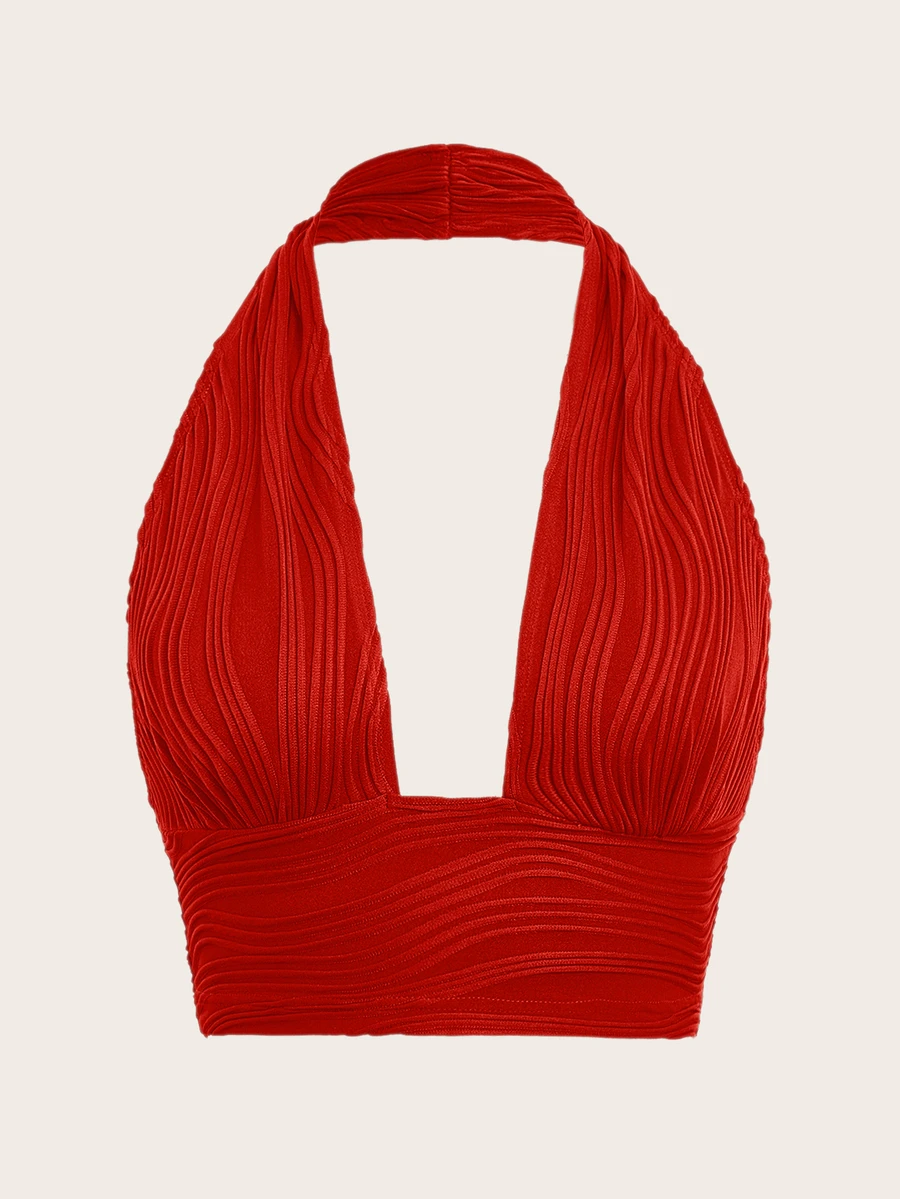 SHEIN ICON Solid Backless Crop Halter Y2k Top - Red - View 1