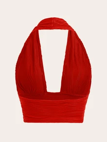SHEIN ICON Solid Backless Crop Halter Y2k Top - Red - View 2