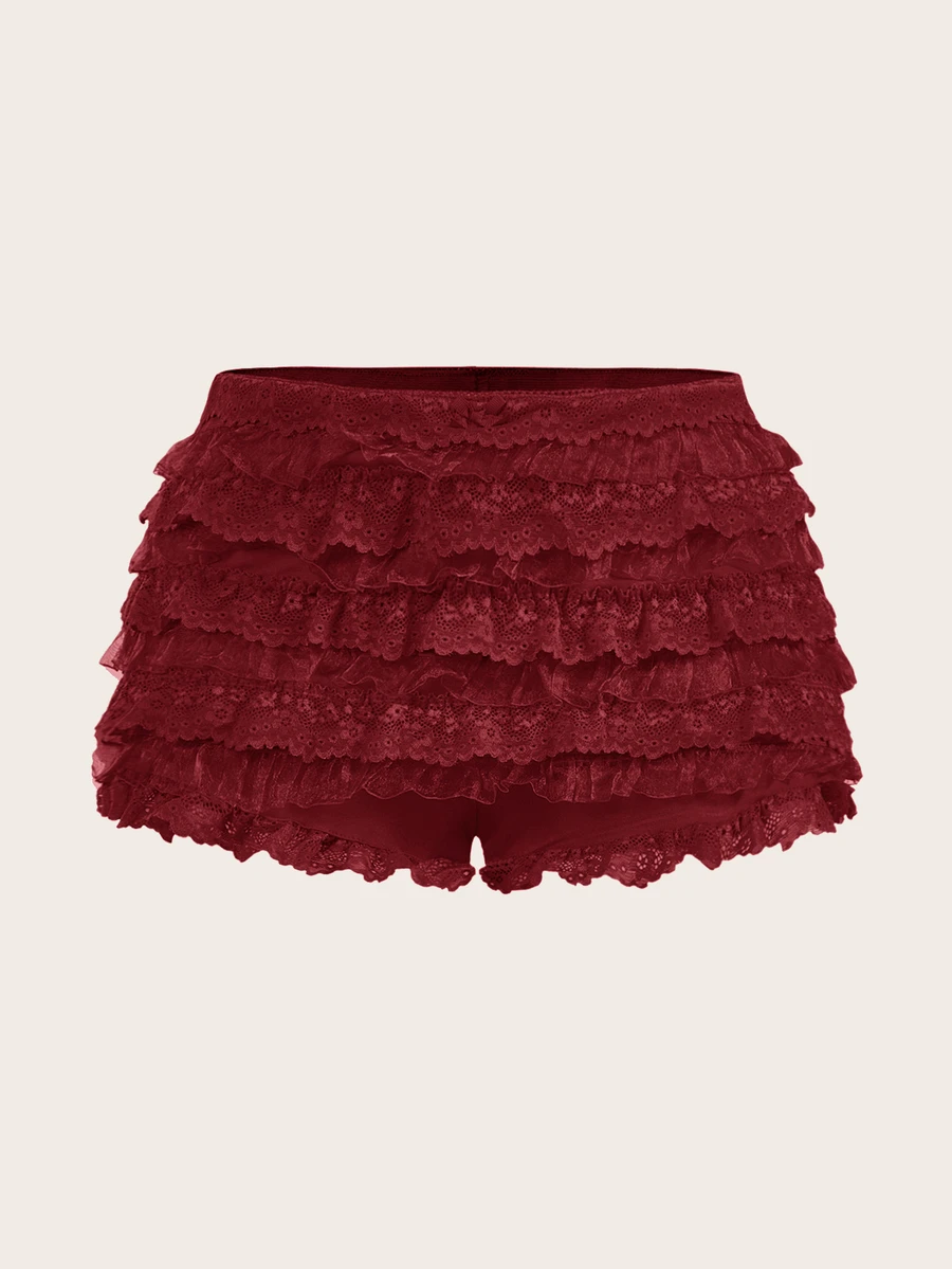 SHEIN ICON Ladies' Multi-Layer Frill Hem Low-Rise Y2K Concert Going Out White Ruffle Shorts - Burgundy - View 1