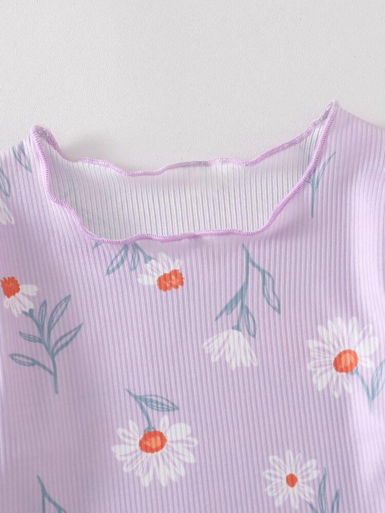 Baby Girl Floral Print Lettuce Trim PJ Set - Mauve Purple - View 5
