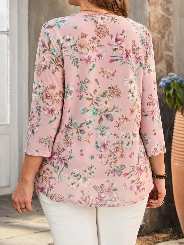 EMERY ROSE Plus Size Women Navy Floral Print 3/4 Sleeve Shirt,Summer Outfits For Women Fall - Pink - View 3