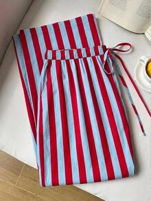 SHEIN CURVE+ Plus Size 22W Plus Size Casual Vertical Striped Drawstring Waist Pants, Suitable For Autumn/Winter Fall - Multicolor - View 5