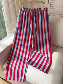 SHEIN CURVE+ Plus Size 22W Plus Size Casual Vertical Striped Drawstring Waist Pants, Suitable For Autumn/Winter Fall - Multicolor - View 4