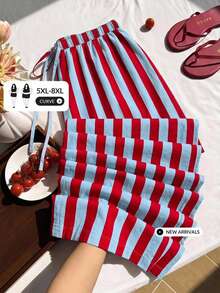 SHEIN CURVE+ Plus Size 22W Plus Size Casual Vertical Striped Drawstring Waist Pants, Suitable For Autumn/Winter Fall - Multicolor - View 1