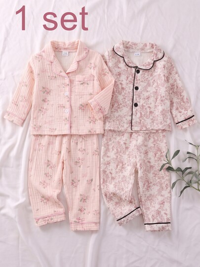 Set Piyama Bayi Perempuan Warna Pink, Nyaman, Lembut, Bertekstur Kerut, Berkerah, Kancing Depan, Motif Bunga Kecil, Lengan Panjang dan Celana Panjang