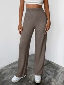 SHEIN Plus Size Women's Casual Capsule Soft Form High Waisted Solid Color Simple Sweater Pants Set, Autumn/Winter Date Night Formal Office Vacation Brown - Mocha Brown - View 2