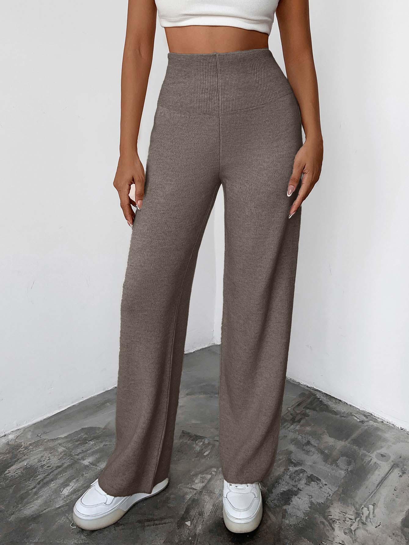 SHEIN Plus Size Women's Casual Capsule Soft Form High Waisted Solid Color Simple Sweater Pants Set, Autumn/Winter Date Night Formal Office Vacation Brown