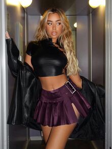 SHEIN ICON Y2K 黑色 90年代 低腰 扣飾 百褶下擺裙 - 中紫紅色 - 查看 2