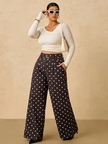 SHEIN Tall CURVE 大尺碼女款圓點圖案高腰百褶寬腿鬆身牛仔褲 女牛仔裝 秋季度假穿搭 - 棕色 - 查看 7