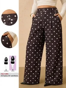 SHEIN Tall CURVE 大尺碼女款圓點圖案高腰百褶寬腿鬆身牛仔褲 女牛仔裝 秋季度假穿搭 - 棕色 - 查看 2