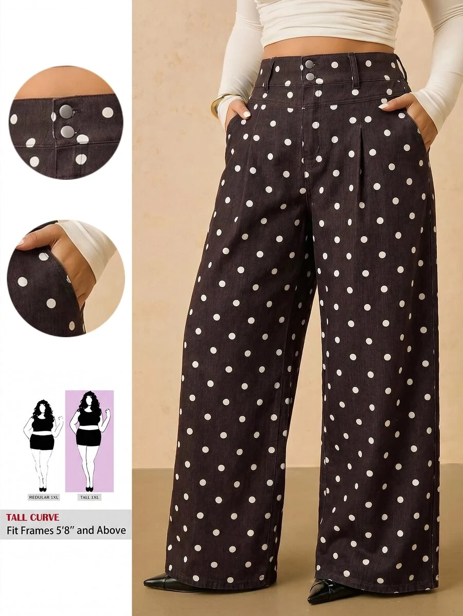 SHEIN Tall CURVE 大尺碼女款圓點圖案高腰百褶寬腿鬆身牛仔褲 女牛仔裝 秋季度假穿搭