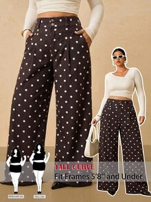 SHEIN Tall CURVE 大尺碼女款圓點圖案高腰百褶寬腿鬆身牛仔褲 女牛仔裝 秋季度假穿搭 - 棕色 - 查看 3