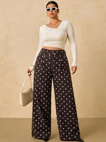 SHEIN Tall CURVE 大尺碼女款圓點圖案高腰百褶寬腿鬆身牛仔褲 女牛仔裝 秋季度假穿搭 - 棕色 - 查看 6