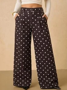 SHEIN Tall CURVE 大尺碼女款圓點圖案高腰百褶寬腿鬆身牛仔褲 女牛仔裝 秋季度假穿搭 - 棕色 - 查看 8