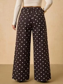 SHEIN Tall CURVE 大尺碼女款圓點圖案高腰百褶寬腿鬆身牛仔褲 女牛仔裝 秋季度假穿搭 - 棕色 - 查看 10