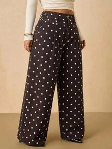 SHEIN Tall CURVE 大尺碼女款圓點圖案高腰百褶寬腿鬆身牛仔褲 女牛仔裝 秋季度假穿搭 - 棕色 - 查看 5