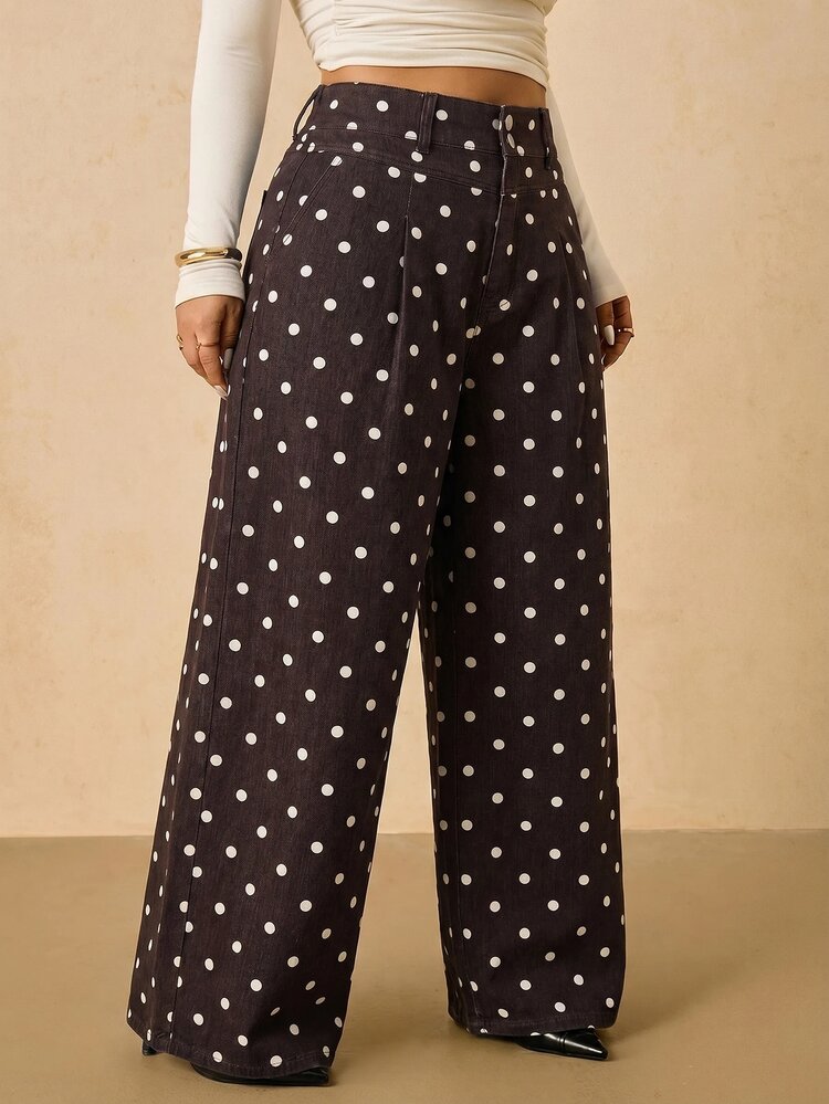 SHEIN Tall CURVE Plus Size Women Polka Dot Pattern High Waist Pleated Wide Leg Loose Fit Denim Jeans Cowgirl Outfits For Women Autumn Holiday Outfits Polka Dot - Brown - View 4