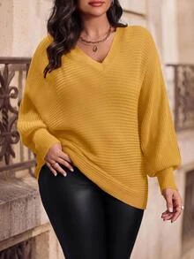Juhart Suéter de cuello en V de unicolor, casual y versátil de manga larga, para invierno, punto de otoño - Amarillo - Ver 1
