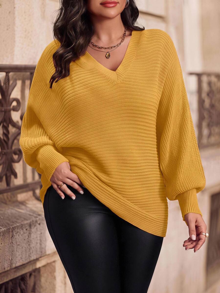 Juhart Suéter de cuello en V de unicolor, casual y versátil de manga larga, para invierno, punto de otoño - Amarillo - Ver 1