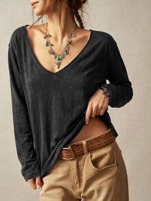 Bohemela Casual Solid Color Knit V-Neck Long Sleeve Loose Fit Women's T-Shirt - Black - View 4