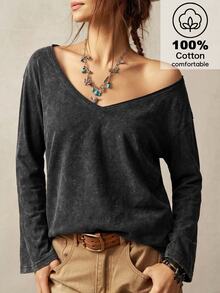 Bohemela Casual Solid Color Knit V-Neck Long Sleeve Loose Fit Women's T-Shirt - Black - View 3