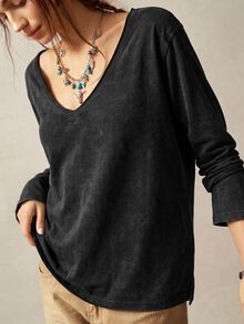 Bohemela Casual Solid Color Knit V-Neck Long Sleeve Loose Fit Women's T-Shirt - Black - View 5