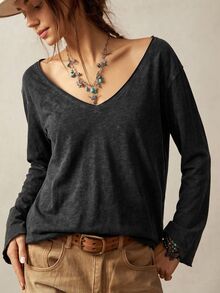 Bohemela Casual Solid Color Knit V-Neck Long Sleeve Loose Fit Women's T-Shirt - Black - View 7