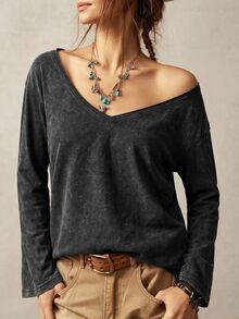Bohemela Casual Solid Color Knit V-Neck Long Sleeve Loose Fit Women's T-Shirt - Black - View 1
